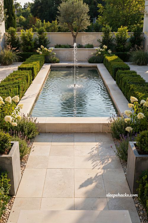 Concrete formal mini pond ideas with a central fountain in a courtyard 