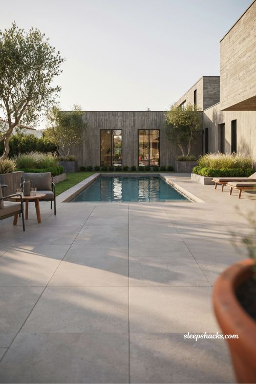 Concrete pavers pool deck design for a cohesive modern backyard layout