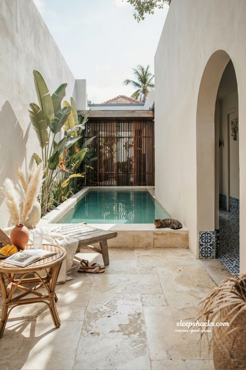Corner pool ideas triangle plunge pool design for tight backyard space modern zen geometric pool layout