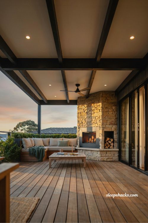 Covered deck fireplace corner under permanent roof for year round outdoor living
