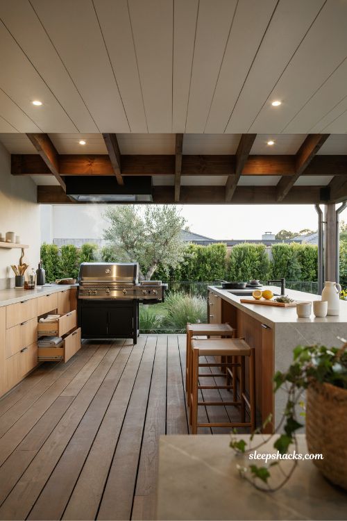 Covered outdoor kitchen under roof extension with built in grill and lighting