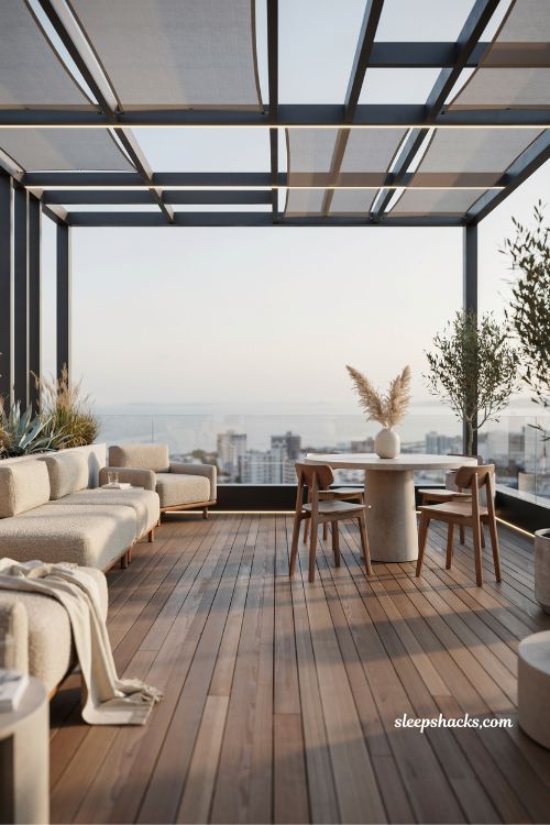 Covered rooftop deck design with open structure and panoramic city views
