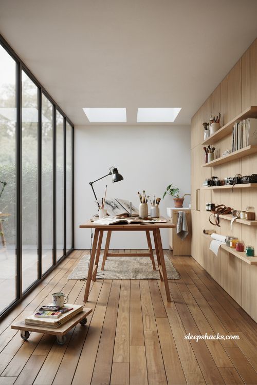 Creative studio shed with natural light and modern backyard artist workspace design