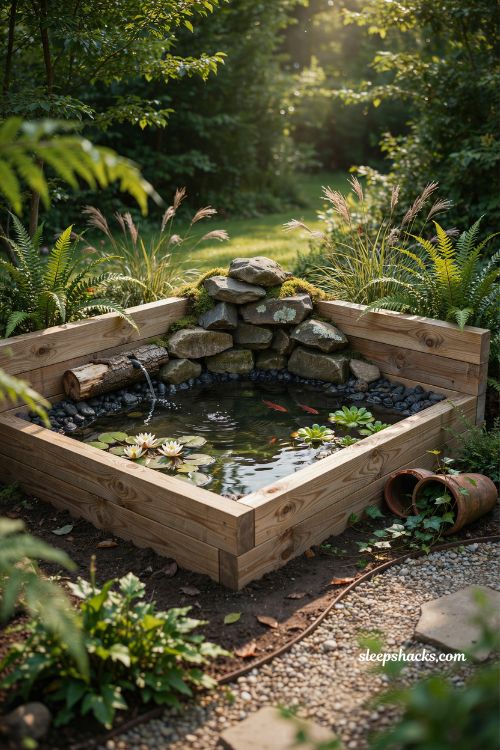 Diy 27 gallon tote mini pond ideas with natural stone and timber surround 