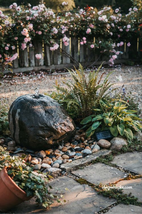 Diy solar water fountain ideas using a natural rock bubbler and river stones in a garden backyard