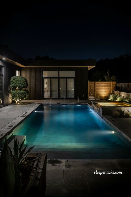 Dramatic modern pool lighting design with glowing water and luxury backyard night ambiance