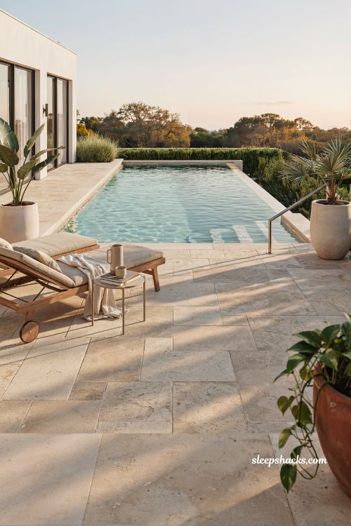 Dream backyard pool ideas featuring a modern luxury outdoor pool with natural stone decking, lush greenery, and calm resort-style atmosphere for a serene home retreat