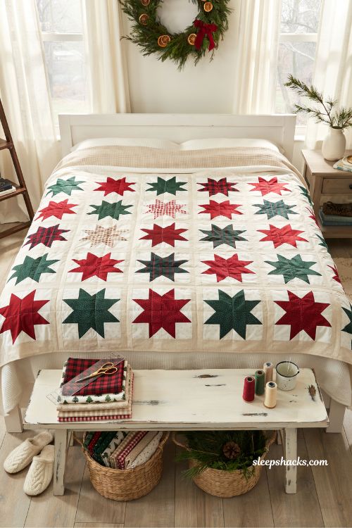 Fat quarter star Christmas quilt made with festive holiday fabric bundles