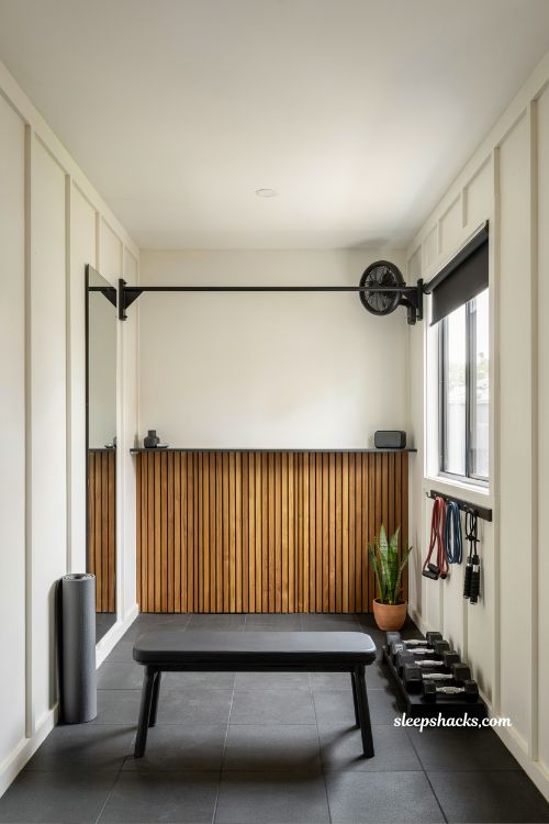 Fitness shed backyard gym with compact home workout space and modern training setup