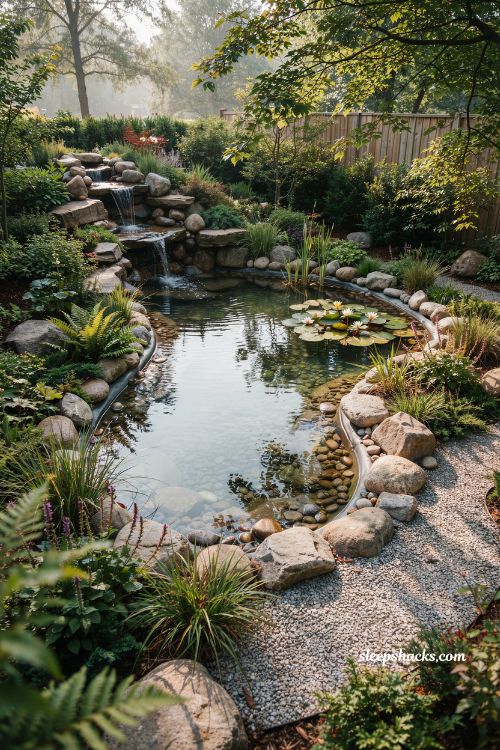 Flexible liner garden pond with natural rock waterfall and lush backyard design