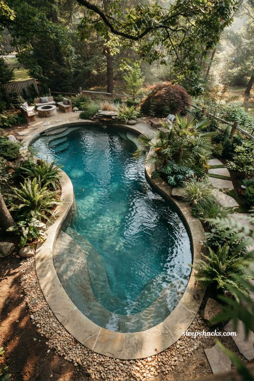 Freeform gunite backyard pool natural lagoon design with tropical landscaping and stone edges
