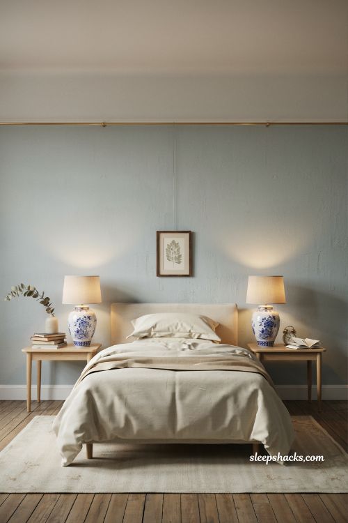 Eye-level wide-angle interior photography shot from a slightly angled corner perspective capturing a serene French-inspired bedroom centered around ticking-stripe bedding, with the full bed, surrounding nightstands, and soft architectural context clearly visible in a balanced editorial composition. The framing emphasizes textile layering and relaxed symmetry while maintaining an airy, uncluttered spatial flow. The room reflects understated French country style with a casual, vintage sensibility, where simple patterns and natural materials define the atmosphere rather than ornate decoration. The design feels effortless, lived-in, and quietly refined, suitable for a guest room or relaxed primary bedroom setting. The color palette is composed of soft ivory white, faded French blue, muted denim stripe blue, warm flax beige, aged oak brown, and subtle brushed brass accents, creating a calm contrast between pattern and neutral grounding tones. Key props and details include a bed dressed in ticking-stripe bedding, featuring narrow blue-and-white stripes on a soft cotton or linen duvet cover that feels slightly relaxed and naturally textured. The stripes appear crisp yet softened by fabric wear, reinforcing a vintage mattress-cover heritage aesthetic. The base layer is complemented by a mix of throw pillows in subtly varied patterns—such as small florals, soft solids, or faint geometric prints—to avoid uniformity while maintaining cohesion. Nightstands on either side are simple and functional, made of light wood or painted neutral finishes, styled minimally with a ceramic lamp, a small stack of books, and one understated decorative object. The floor is warm aged wood, adding grounding contrast to the light bedding and keeping the room visually balanced. Lighting is soft natural daylight filtering through off-frame windows, evenly illuminating the ticking stripes so their linear pattern remains clear without harsh contrast. The light enhances fabric texture and gives the bedding a breathable, airy quality while maintaining warmth throughout the space. Mood and atmosphere translate into relaxed simplicity and timeless familiarity, where ticking-stripe bedding introduces gentle pattern and vintage charm, mixed textiles prevent visual stiffness, and minimal furnishings allow the space to feel open and approachable. The room feels easy, comfortable, and quietly nostalgic, like a well-loved French guest room shaped by simplicity and light. French blue bedroom ideas with blue and white toile bedding and old world cottage charm (1)