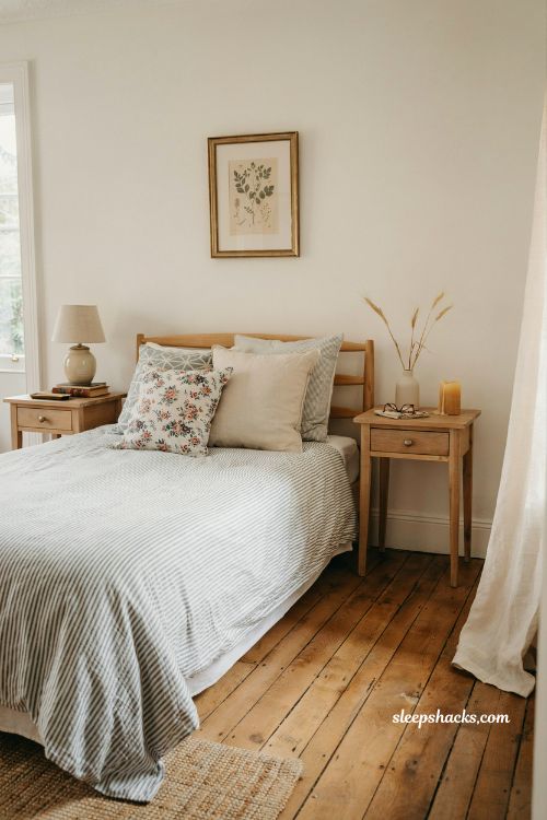 Eye-level wide-angle interior photography shot from a slightly cornered perspective capturing a romantic French-inspired bedroom centered on an antique iron bed frame styled with a soft ruffled bed skirt, with full visibility of the bed structure, surrounding nightstands, and architectural balance of the room. The composition emphasizes the contrast between delicate fabric movement and structured iron detailing. The room reflects vintage French country charm with a subtly romantic undertone, where aged materials and soft textiles coexist in quiet harmony. The design feels collected over time rather than staged, with a gentle balance of structure and softness shaping the atmosphere. The color palette is composed of dusty French blue, warm ivory, faded ticking stripe blue, soft cream linen, aged oak brown, and matte black iron, with subtle touches of muted floral tones woven into textiles for added warmth. Key props and details include an antique iron bed frame with delicate curved lines and slightly worn matte black finish, serving as the structural anchor of the composition. Around the base of the bed, a ruffled, gathered bed skirt flows softly to the floor, made from lightweight fabric in either blue ticking stripe or a small-scale floral print that subtly ties back into the room’s palette. The ruffles are full and slightly uneven, giving a handmade, custom-tailored feel rather than a store-bought uniformity. The bed above is dressed in simple linen layers in warm ivory and soft blue accents, maintaining a light and breathable look. Minimal bedside tables in aged wood or painted neutral finishes flank the bed, styled with restraint—small ceramic lamps, a book, and a single understated decorative object. The floor is warm, aged wood that enhances the contrast between soft textiles and iron structure. Lighting is soft natural daylight filtering through off-frame windows, gently illuminating the iron frame and highlighting the movement and texture of the ruffled bed skirt without harsh shadows. The light creates a calm, diffused glow that enhances fabric softness while preserving crisp detail in metalwork. Mood and atmosphere translate into romantic restraint and tactile contrast, where the iron frame adds structure and heritage, the ruffled skirt introduces softness and movement, and layered textiles bring warmth and lived-in charm. The room feels gently nostalgic, balanced, and quietly elegant, like a French country bedroom shaped by time and thoughtful layering. no people, no text, no watermarks, no blur, no bokeh, all surfaces in sharp focus, photorealistic, 4K resolution, editorial interior photography, Pinterest-worthy