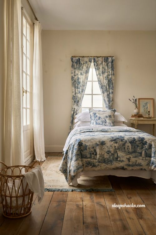 French blue bedroom ideas with blue and white toile bedding and old world cottage charm