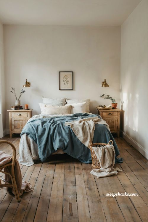 Eye-level wide-angle interior photography shot from a slightly low corner perspective capturing a serene French-inspired bedroom with a painted dusty blue ceiling as the primary visual focal point, framed to include the full room geometry, roofline angles, and architectural balance in a calm editorial composition. The perspective emphasizes vertical height and the gentle transition between ceiling and walls. The room reflects a soft French cottage aesthetic with a subtle whimsical undertone, where architectural color is used sparingly to create emotional atmosphere rather than visual heaviness. The design feels airy, quiet, and slightly poetic, like a restored attic retreat or tucked-away reading space in an old European home. The color palette is composed of dusty French blue ceiling tone, warm ivory walls, soft cream white, flax linen beige, aged oak brown, and subtle muted brass accents, creating a gentle contrast where the ceiling becomes the defining feature. Key props and details include a softly painted blue ceiling that spans across the entire upper plane of the room, slightly desaturated and powdery in tone, evoking a calm sky-like presence above the space. The walls remain clean and minimal in warm white or very pale neutral, allowing the ceiling color to stand out as the main architectural statement. Below, a simple daybed or low-profile bed is placed against one side of the room, dressed in natural linen bedding in warm ivory and soft beige tones, with lightly textured throws that feel relaxed and unstructured. A small reading nook may be included with a simple wooden chair or cushioned bench, reinforcing the idea of quiet time spent looking upward. Furniture remains minimal and understated, with raw or lightly aged wood surfaces and subtle decorative restraint. Lighting is soft natural daylight filtering through off-frame windows or skylights, gently washing the blue ceiling so it shifts subtly in tone depending on light direction. The illumination enhances the ceiling’s color depth while keeping the walls bright and airy, preserving a calm and open atmosphere. Mood and atmosphere translate into quiet whimsy and gentle architectural poetry, where the painted ceiling introduces a sense of sky-like openness, neutral walls maintain balance, and simple furnishings create a grounded, restful environment. The room feels peaceful, slightly nostalgic, and emotionally light, like a hidden French attic designed for slow mornings and quiet reflection. French blue bedroom ideas with board and batten walls and cottage style trim decor (1)