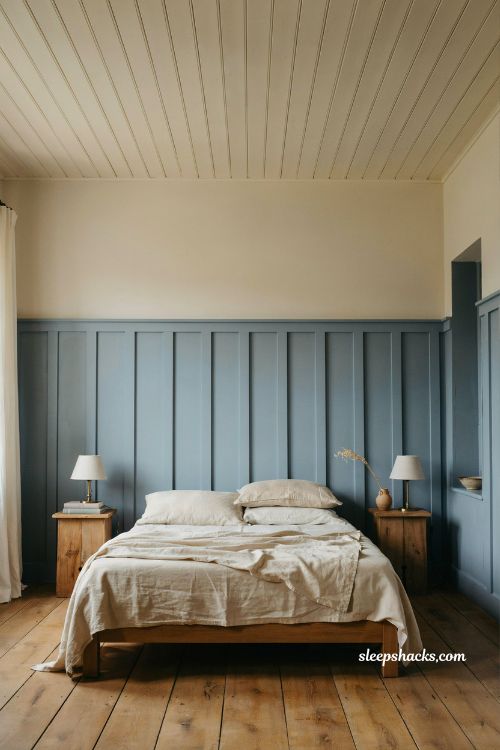 French blue bedroom ideas with board and batten walls and cottage style trim decor