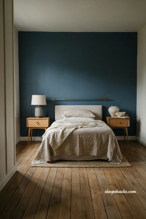 French blue bedroom ideas with deep blue accent wall behind bed and brass warm neutral decor
