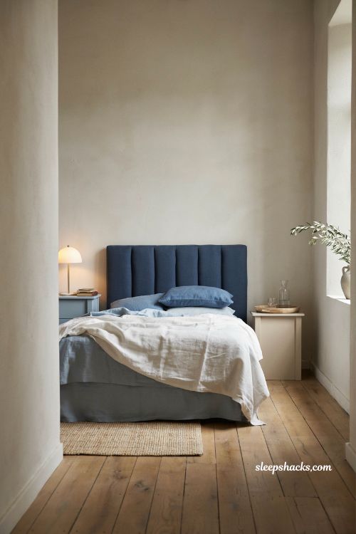 Eye-level wide-angle interior photography shot from a slightly angled corner perspective capturing a serene French-inspired bedroom with board-and-batten wainscoting painted in French blue along the lower half of the walls, with the camera framing the full bed wall, trim detailing, and architectural proportions in a clean editorial composition. The perspective emphasizes structure, symmetry, and material transitions between painted paneling and upper wall surfaces. The room reflects classic French cottage design with subtle architectural character, where built-in detailing and restrained color choices create a sense of permanence and quiet charm. The design feels timeless and grounded, like a renovated countryside home with preserved original craftsmanship. The color palette is composed of dusty French blue, soft warm white, creamy ivory, aged oak brown, muted flax beige, and subtle matte black or aged brass accents, creating a balanced interplay between structure and softness. Key props and details include French blue board-and-batten paneling covering the lower portion of the walls, with crisp vertical battens adding rhythm and architectural depth. Above the paneling, the upper walls remain soft white or warm cream, creating a gentle contrast that lifts the room visually and prevents heaviness. A matching beadboard ceiling or small architectural nook detail subtly echoes the lower wall treatment, reinforcing cohesion and custom-built craftsmanship. The bed is centered against the feature wall, dressed in soft linen bedding in warm ivory or flax tones, with minimal layering to maintain focus on architectural detailing. Bedside tables in natural wood or painted neutral finishes sit on either side, styled simply with ceramic lamps, books, and restrained decor. The floor is aged natural wood, adding warmth and grounding the cooler blue tones. Lighting is soft natural daylight filtering through unseen windows, evenly illuminating the board-and-batten detailing so its shadows and depth are clearly visible without harsh contrast. The light enhances the texture of painted woodwork while keeping the upper white walls bright and airy. Mood and atmosphere translate into quiet architectural charm and cottage elegance, where French blue paneling introduces grounded character, soft upper walls maintain openness, and simple furnishings allow structure and proportion to lead the design. The room feels calm, historic, and thoughtfully built, with a sense of enduring French country authenticity. French blue bedroom ideas with jewel tone navy gold accents and bold fuchsia decor (1)