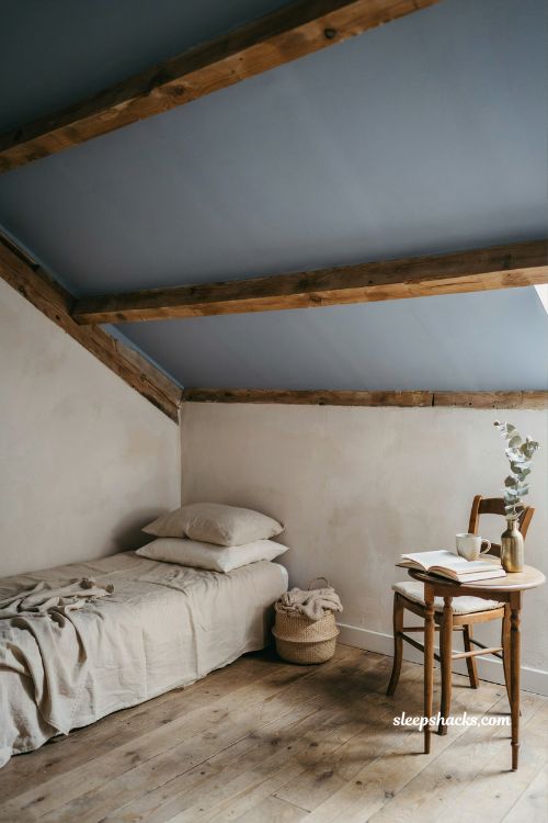 French blue bedroom ideas with painted blue ceiling and soft attic cottage reading nook