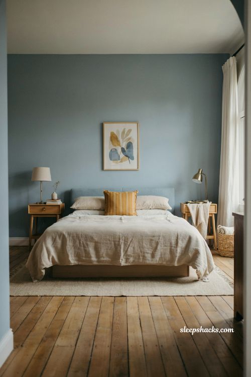 French blue bedroom ideas with warm yellow accents and gold details in elegant contrast styling