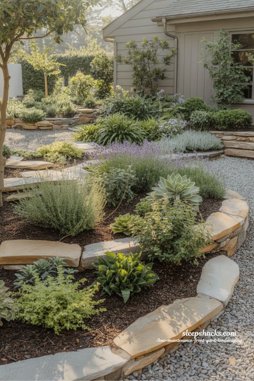 Front yard landscaping with plants matched to sun shade and light conditions for easy maintenance