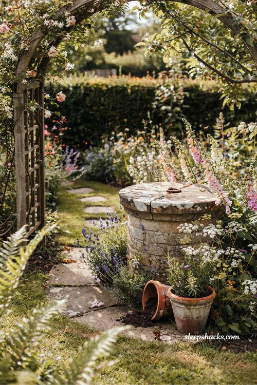 Garden fairytale ideas with a hidden stone wishing well among wildflowers