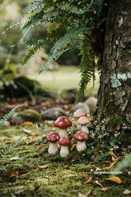Garden fairytale ideas with a miniature toadstool village under lush green ferns