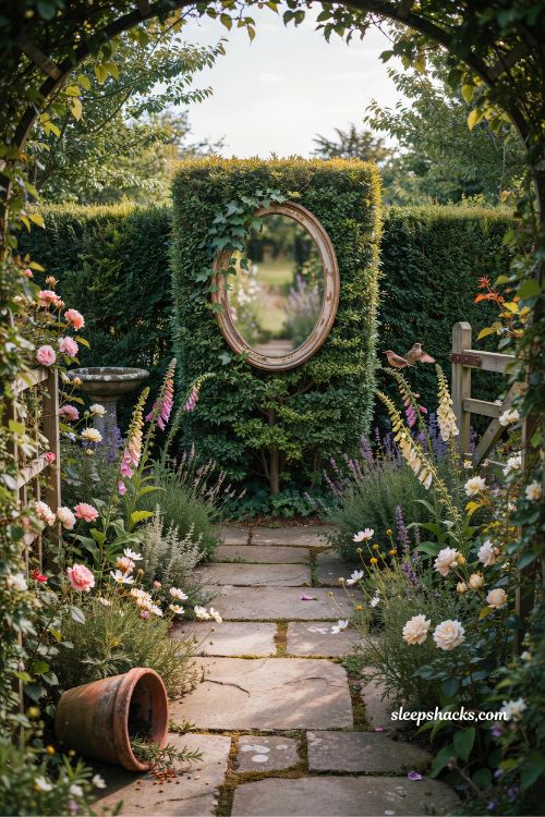 Garden fairytale ideas with a mirror hidden in a hedge creating an endless illusion