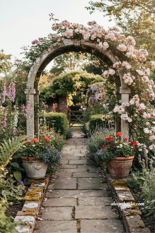 Garden fairytale ideas with a moongate arch covered in climbing roses