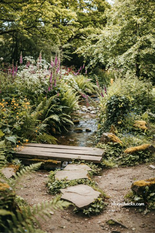 Garden fairytale ideas with a tiny wooden bridge over a babbling stream