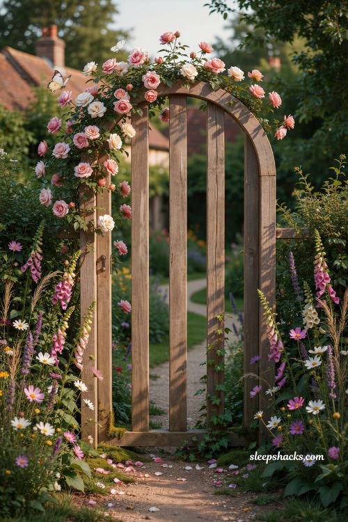 Garden fairytale ideas with a weathered wooden gate as a magical entrance