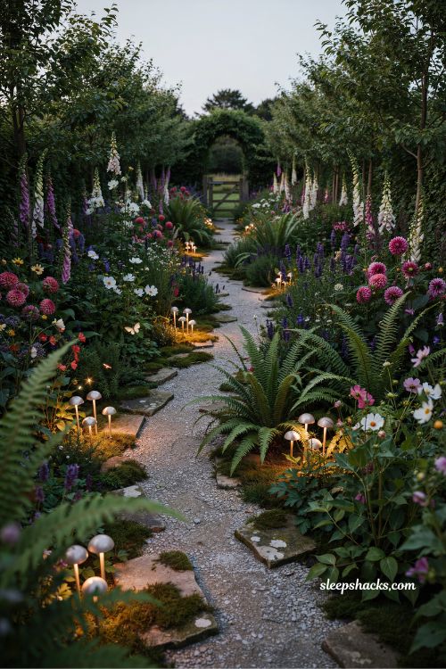 Garden fairytale ideas with glowing mushroom lights for a magical nighttime garden