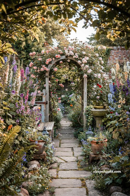 Garden fairytale ideas with hidden stone paths climbing roses and magical cottage garden charm