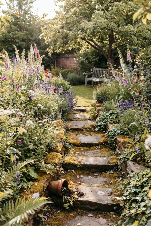 Garden fairytale ideas with mossy stepping stones leading to a hidden corner