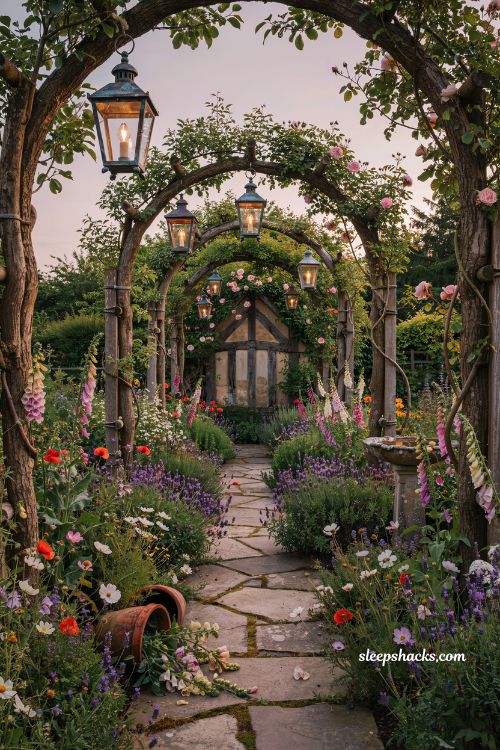 Garden fairytale ideas with vintage lanterns hanging from tree branches at dusk