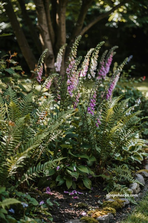 Garden fairytale ideas with wild foxgloves and ferns in a shaded woodland garden