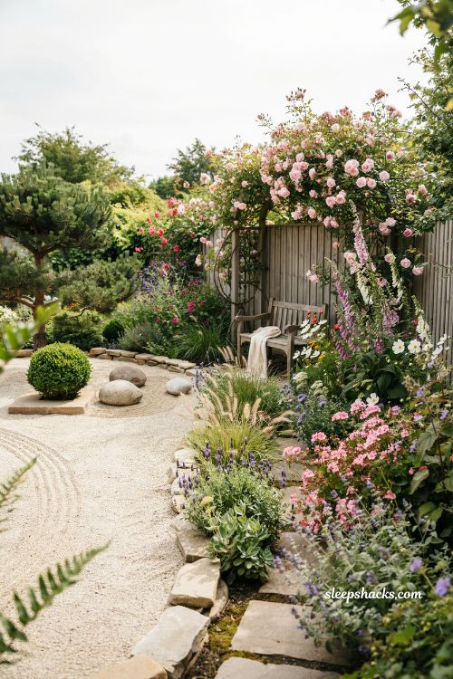 Garden landscape design ideas blending zen minimal garden and lush cottage garden styles