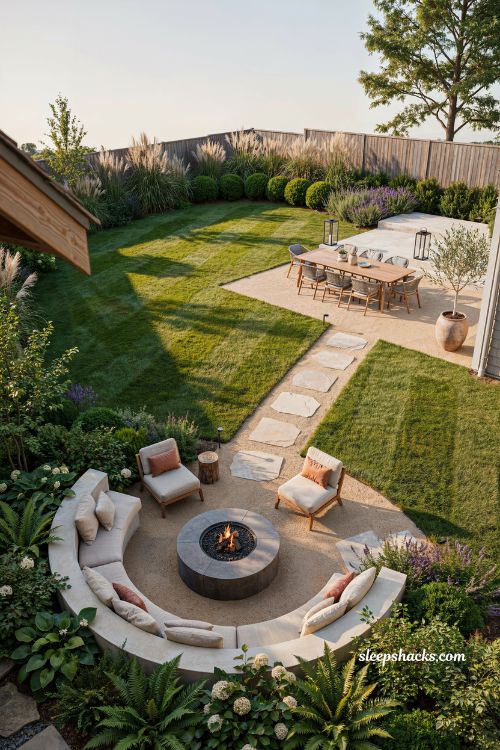 Garden landscape design ideas create distinct outdoor zones fire pit seating dining patio lawn layout backyard zoning inspiration
