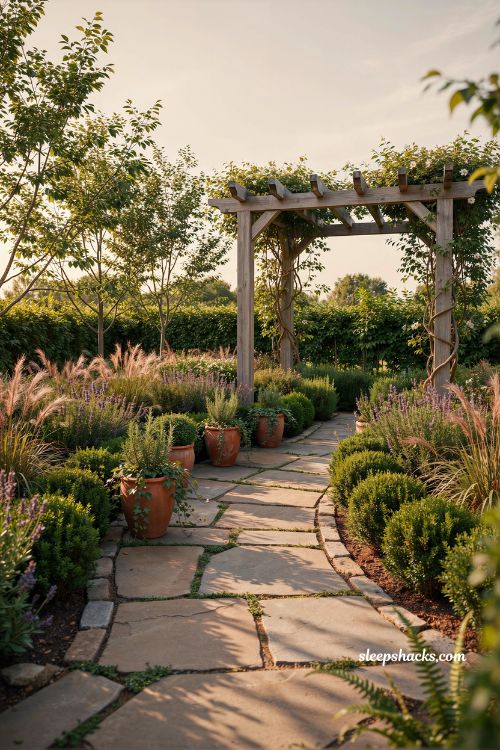 Garden landscape design ideas with pergola focal point and structured natural garden flow