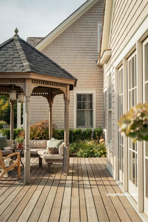 Gazebo style solid roof corner deck design for cozy outdoor seating