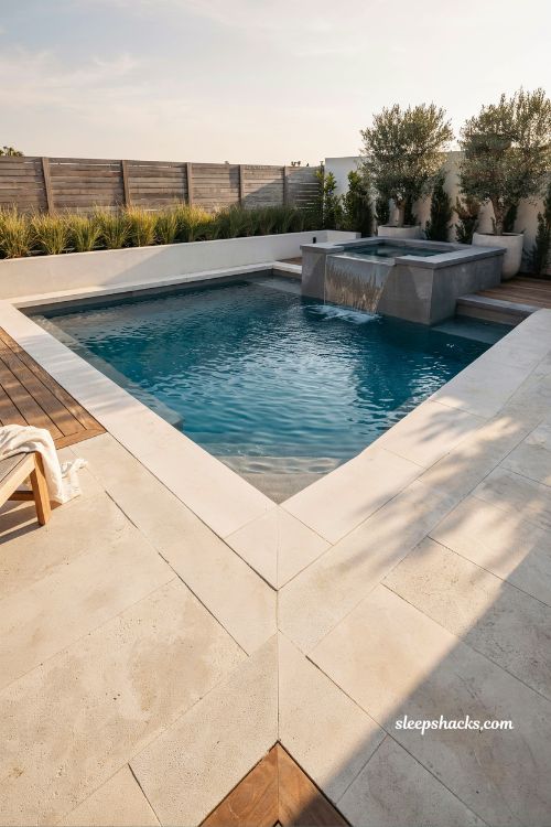 Geometric inground pool with built-in spa waterfall and tanning ledge modern backyard luxury design with clean architectural lines and elegant symmetry