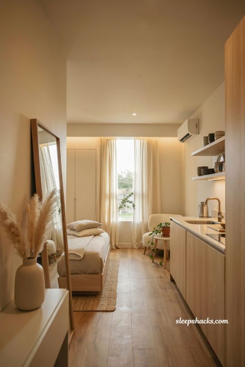 Guesthouse shed with modern backyard studio design and cozy minimalist guest retreat