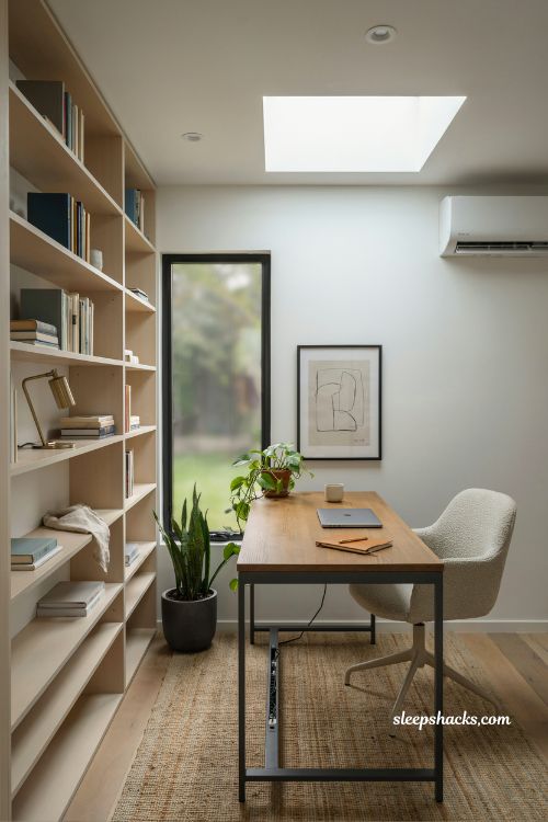 Home office shed with modern backyard workspace and remote work balance design
