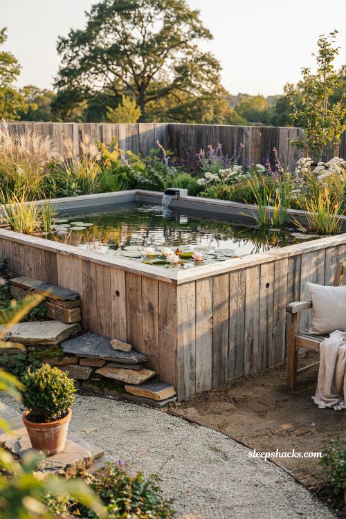 Hot tub pond transformation idea with timber surround and natural garden design