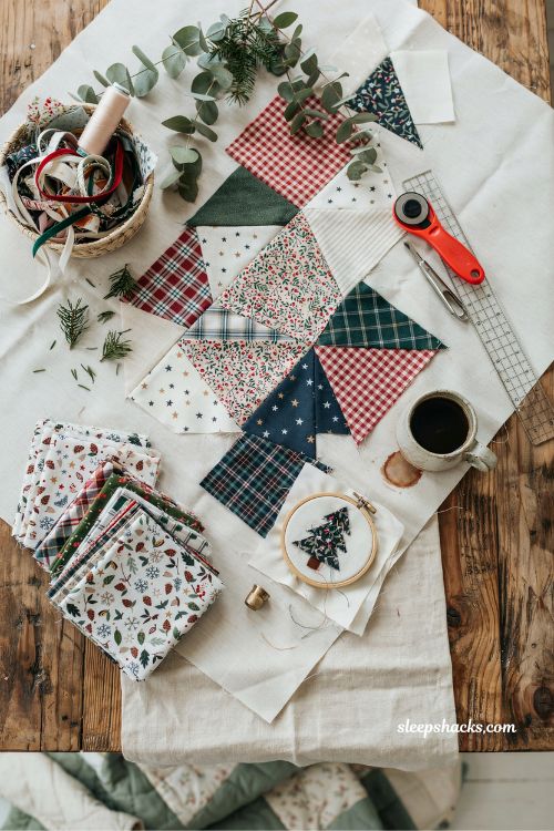 Improv patchwork forest trees Christmas quilt made with festive fabric scraps