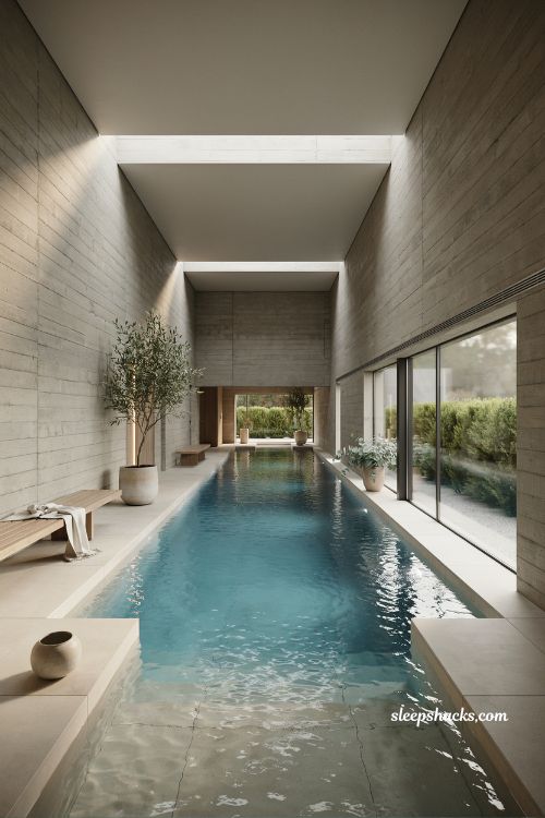 Indoor modern pool design with skylights and glass walls for year-round swimming luxury