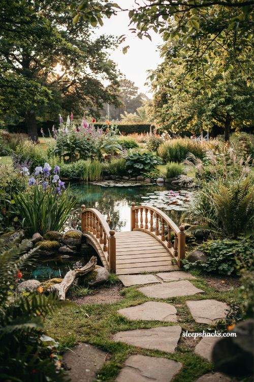 Inground mini pond ideas with a wooden bridge and aquatic plants 