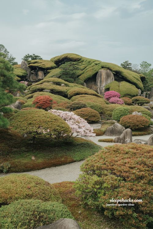 Japanese azalea karikomi cloud pruning garden with sculpted flowering mounds and rolling landscape design
