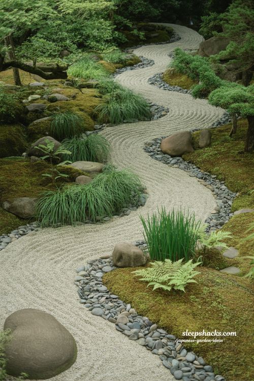 Japanese dry stream bed garden with pebbles, boulders, forest grass and bamboo bridge natural karetaki landscape design