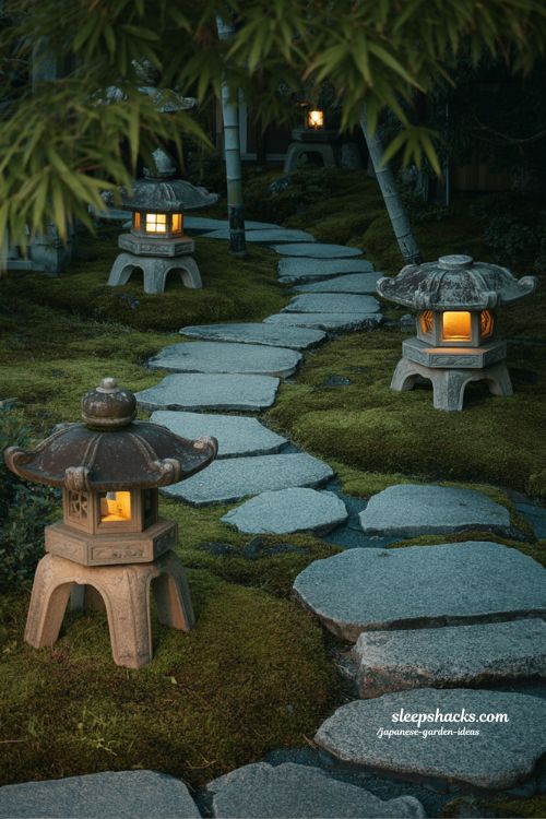 Japanese garden stone lanterns at night along mossy stepping stone path with warm glowing toro lighting tranquil zen atmosphere